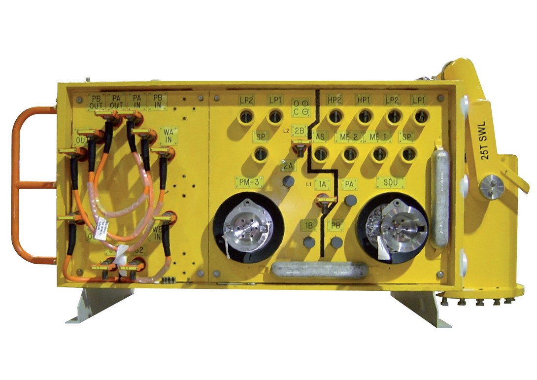 MSCM subsea distribution unit with labelled MQC plates, couplings and 25T SWL lifting frame